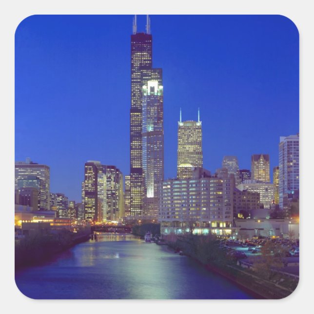 Chicago, Illinois, Skyline nachts mit Chicago Quadratischer Aufkleber (Vorderseite)