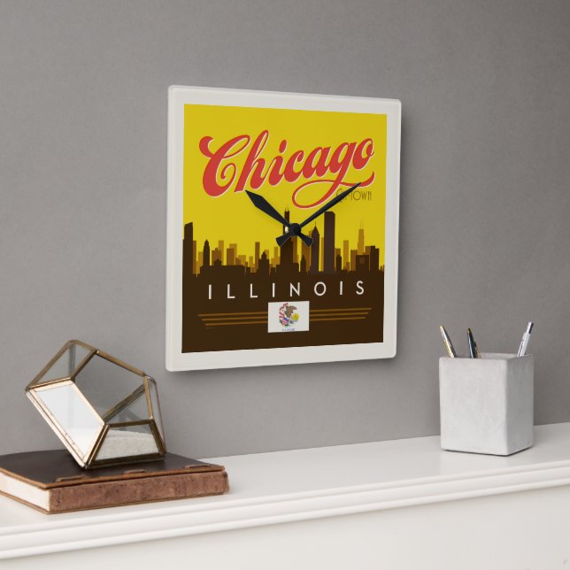 Chicago Illinois Skyline Quadratische Wanduhr (Büro)
