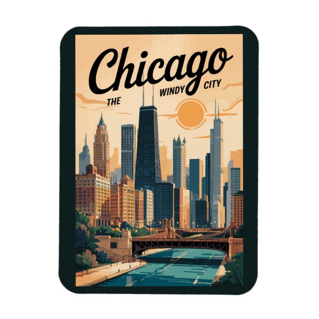 Chicago Illinois Skyline Reisen Vintag Magnet (Vertikal)