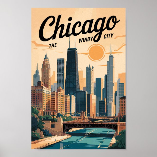 Chicago Illinois Skyline Reisen Vintag Poster (Vorne)