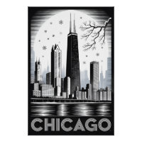 Chicago Illinois Skyline Schwarz Weiß Holzschnitt