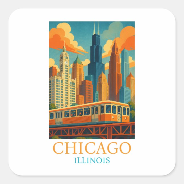 Chicago Illinois Skyline Vintage Art Travel Quadratischer Aufkleber (Vorderseite)