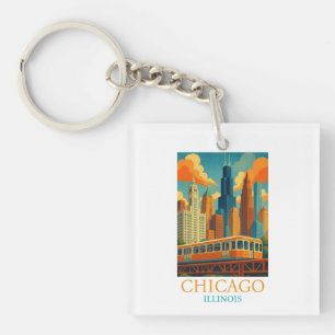 Chicago Illinois Skyline Vintage Kunst Reise Schlüsselanhänger