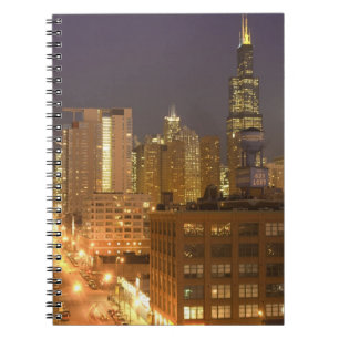 Chicago, Illinois, Skyline von West Loop aus bei Notizblock