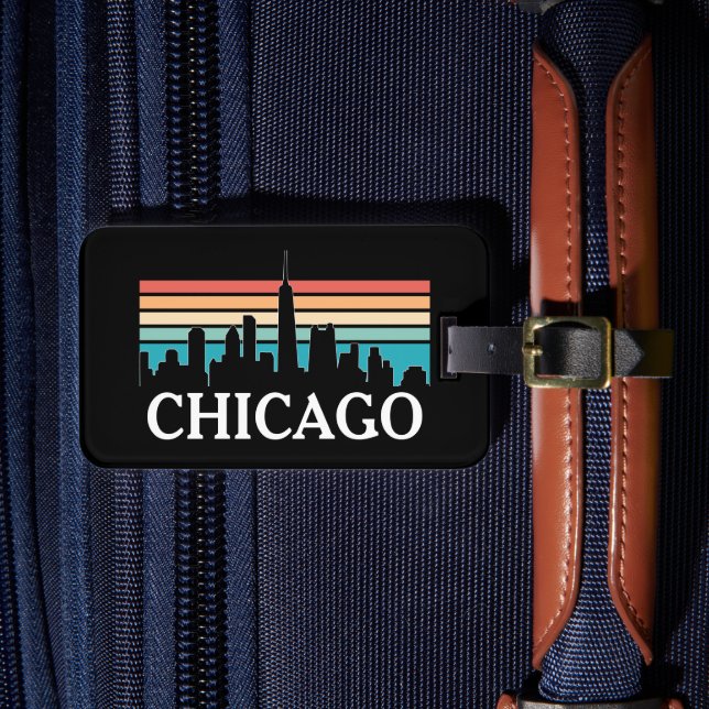 Chicago Illinois Vintag Retro Sunset Skyline Gepäckanhänger (Vorderseite Insitu 4)