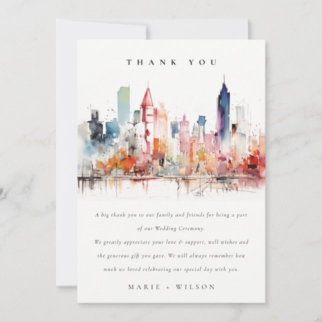 Chicago Illinois Watercolor Landscape Wedding Dankeskarte (Vorderseite)