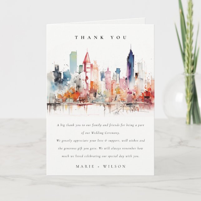 Chicago Illinois Watercolor Landscape Wedding Dankeskarte (Vorderseite)