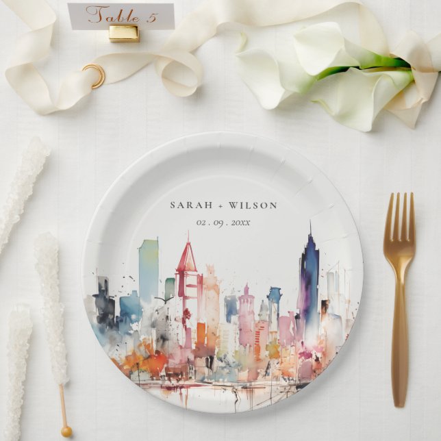 Chicago Illinois Watercolor Landscape Wedding Pappteller (Hochzeit)
