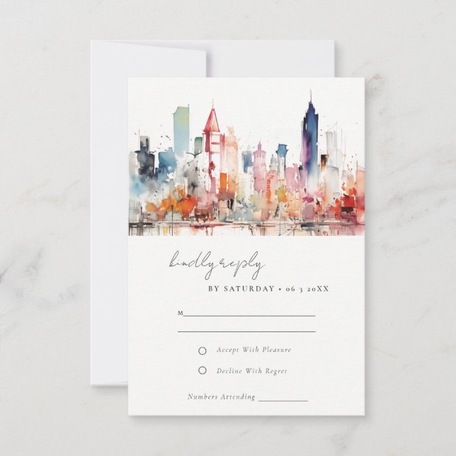 Chicago Illinois Watercolor Landscape Wedding RSVP Karte (Vorderseite)