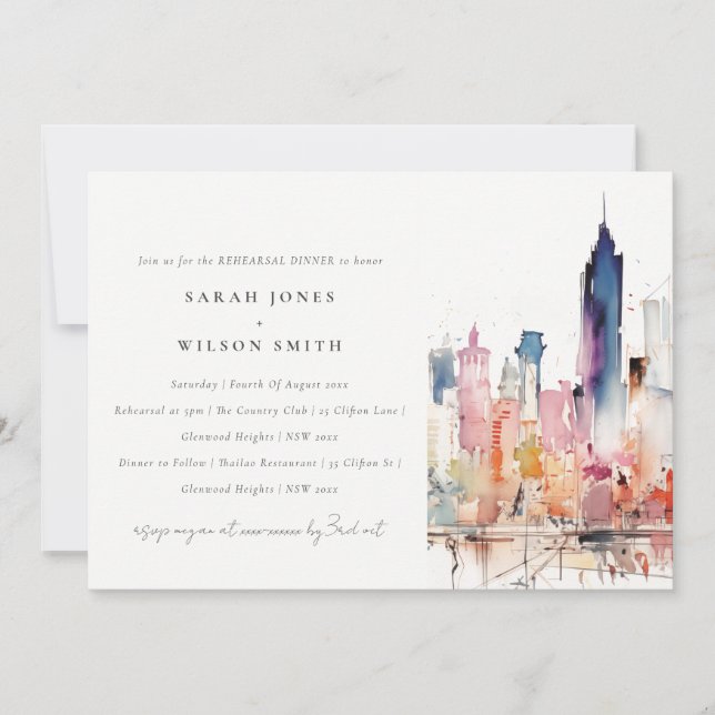 Chicago Illinois Watercolor Scape Rehearsal Dinner Einladung (Vorderseite)