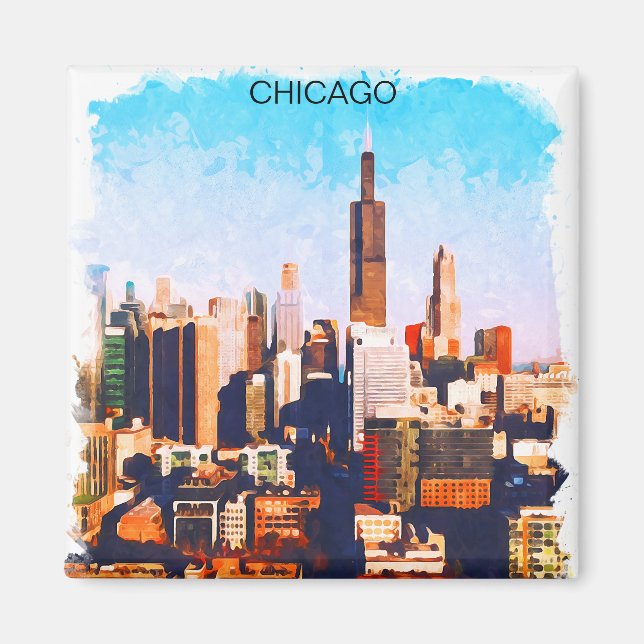 Chicago Illinois Watercolor Skyline View Magnet (Vorne)