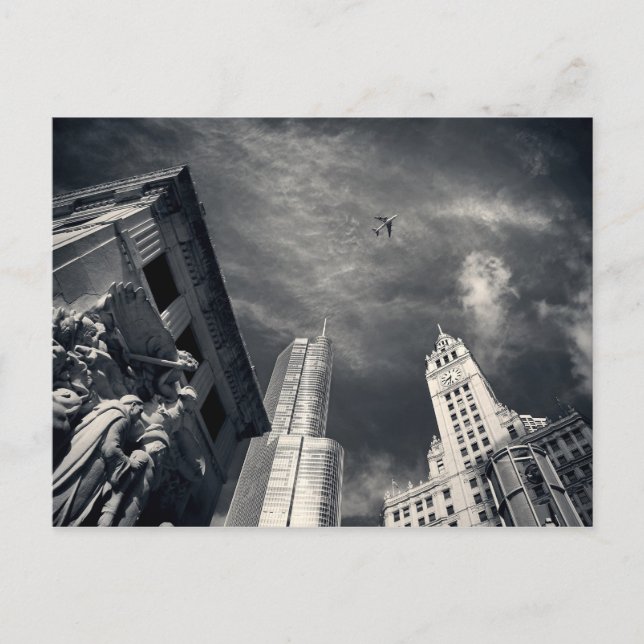 Chicago Illinois Wolkenkratzer in Schwarz und Weiß Postkarte (Vorderseite)