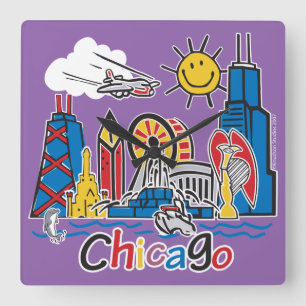 Chicago Kids Skyline Quadratische Wanduhr
