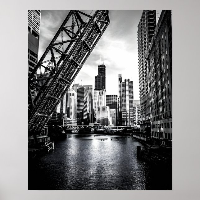 Chicago Kinzie Street Bridge Black and White Poster (Vorne)