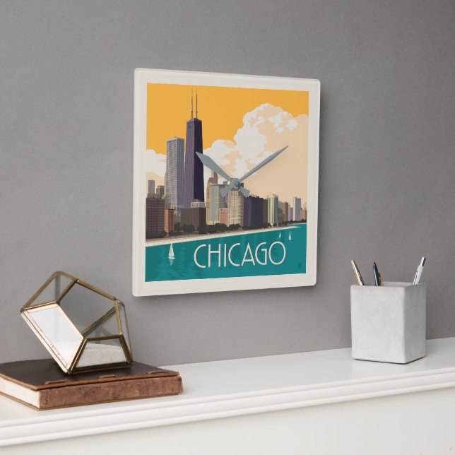 Chicago | Modern Skyline Quadratische Wanduhr (Büro)
