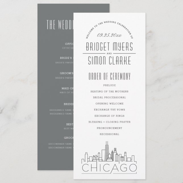 Chicago | Modernes Hochzeitsprogramm für Deko Einladung (Vorne/Hinten)