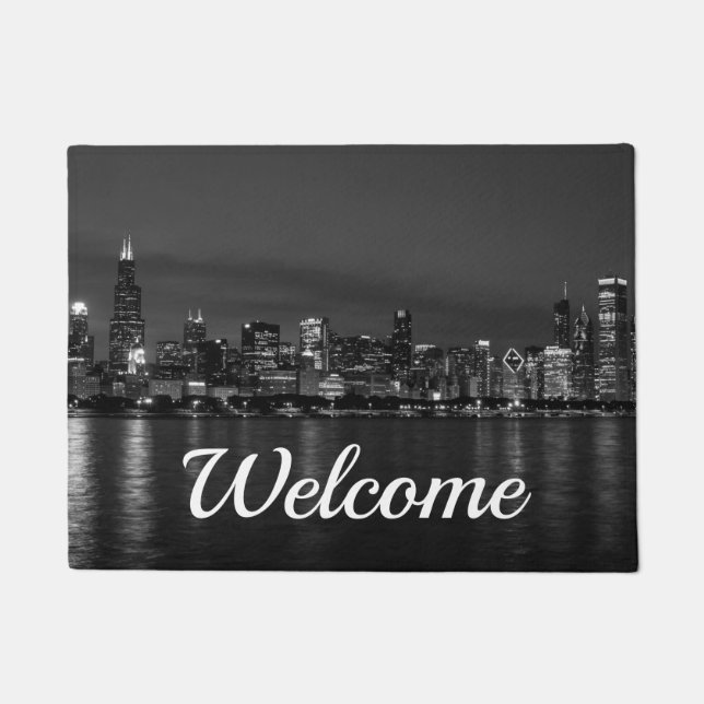Chicago Night Cityscape Grayscale Welcome Doormat Fußmatte (Vorderseite)