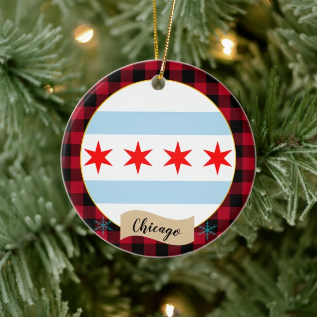 Chicago, Red Buffalo kariert & Chicago Flag Keramik Ornament (Baum)