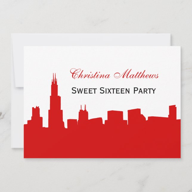 Chicago Red Skyline Silhouette Sweet 16 Party Einladung (Rückseite)