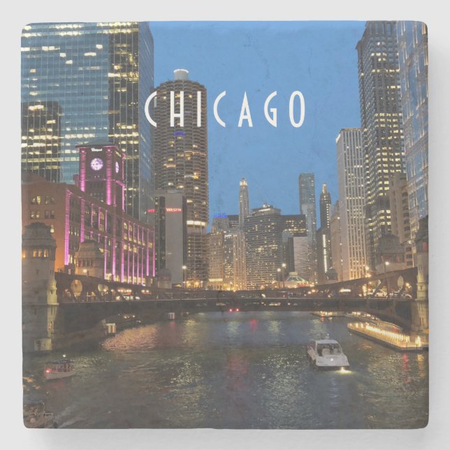Chicago River bei Nacht Steinuntersetzer (Vorderseite)