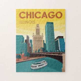 Chicago River Skyline Vintage Travel