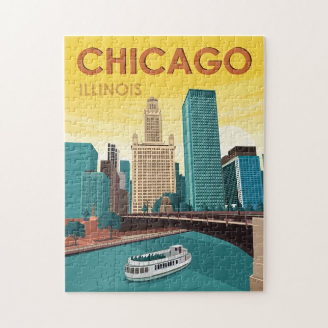 Chicago River Skyline Vintage Travel (Vertikal)