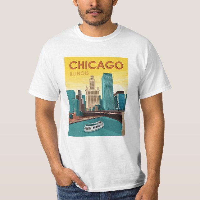 Chicago River Skyline Vintage Travel T-Shirt (Vorderseite)