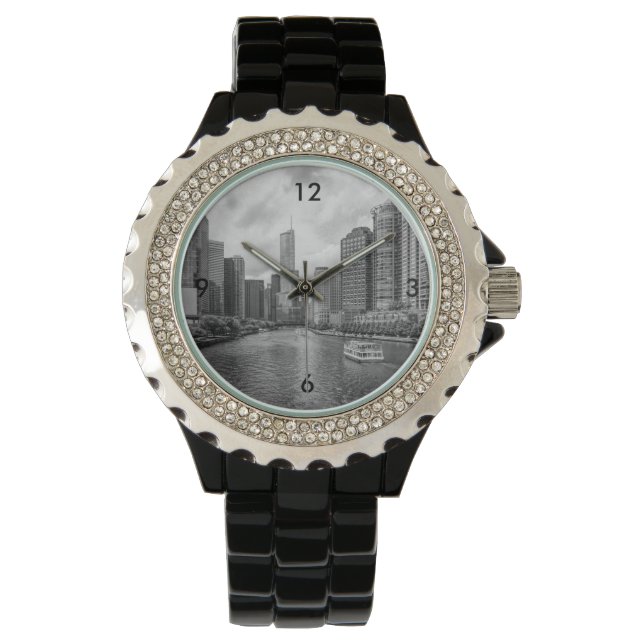 Chicago River und Trump Tower Grayscale Armbanduhr (Vorderseite)