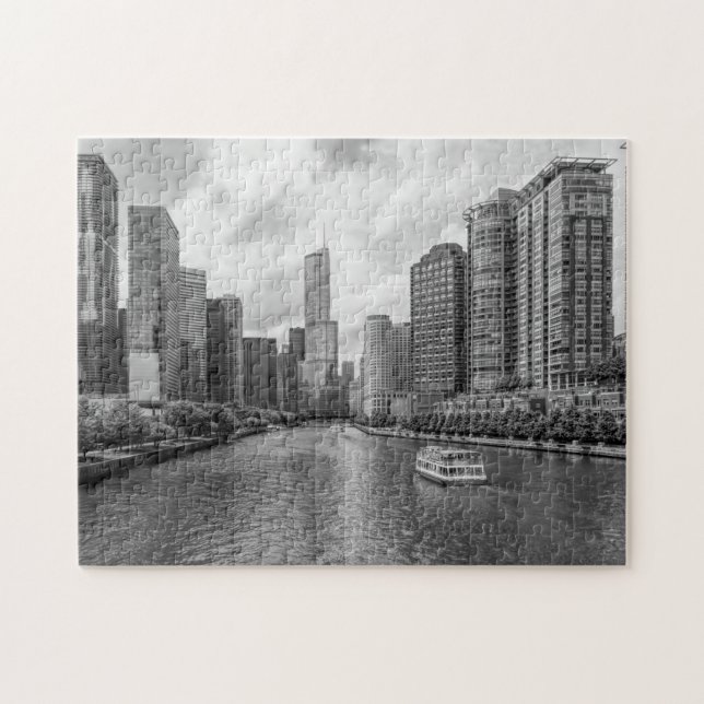 Chicago River und Trump Tower Grayscale Puzzle (Horizontal)
