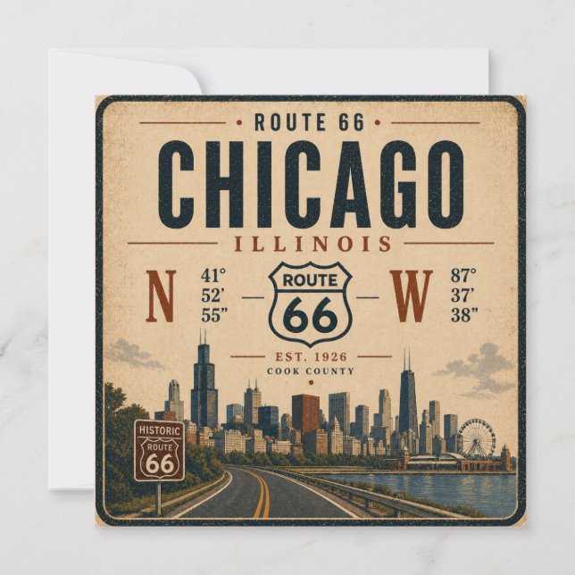 Chicago Route 66 Retro Reisekarte (Vorderseite)