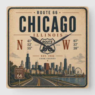 Chicago Route 66 Skyline Koordinaten Quadratische Wanduhr