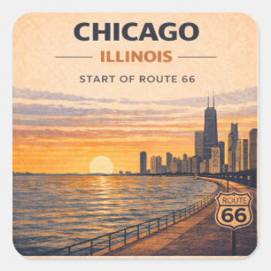 Chicago Route 66 Sonnenuntergang Skyline Reiseaufk Quadratischer Aufkleber