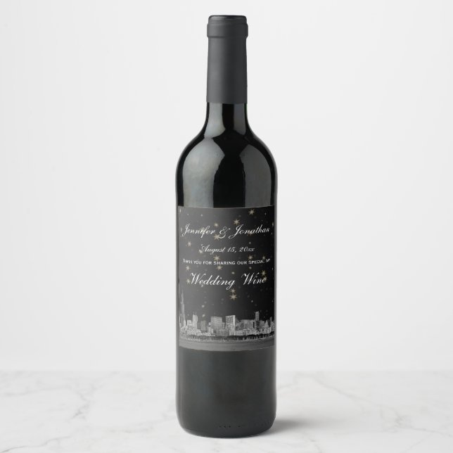 Chicago Skyline #2 Black Gold Star H Wasserflasche Weinetikett (Vorderseite)