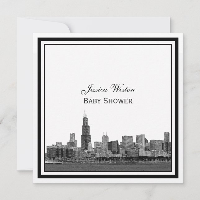 Chicago Skyline #2 Etched Gerahmt Baby Shower Einladung (Vorderseite)
