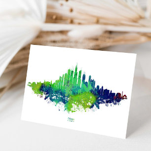 Chicago Skyline Aquarell Blau & Limette Kunst Druc Dankeskarte