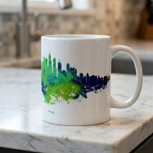 Chicago Skyline Aquarell Blau & Limette Kunst Druc Kaffeetasse