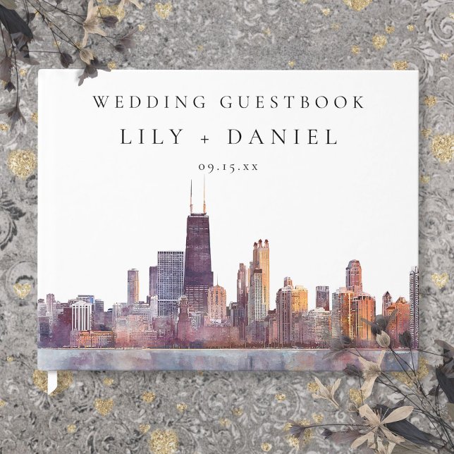 Chicago Skyline Aquarell-Hochzeit Gästebuch (Chicago Skyline Watercolor Wedding Guest Book)