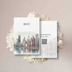 Chicago Skyline Aquarell Hochzeit RSVP QR Code Begleitkarte