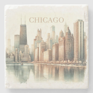Chicago Skyline Aquarell-Landschaftsbild Benutzerd Steinuntersetzer