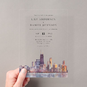 Chicago Skyline Aquarell Ziel Hochzeit Acryleinladungen