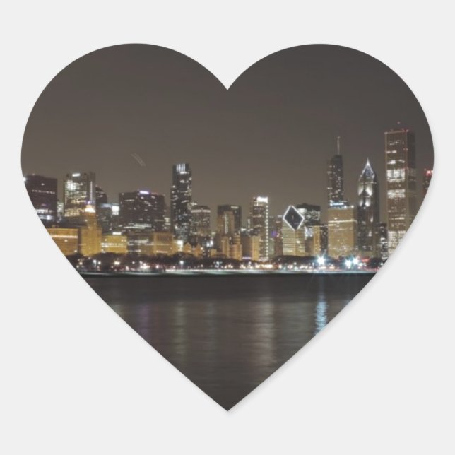 Chicago Skyline bei Nacht Herz-Aufkleber (Vorderseite)