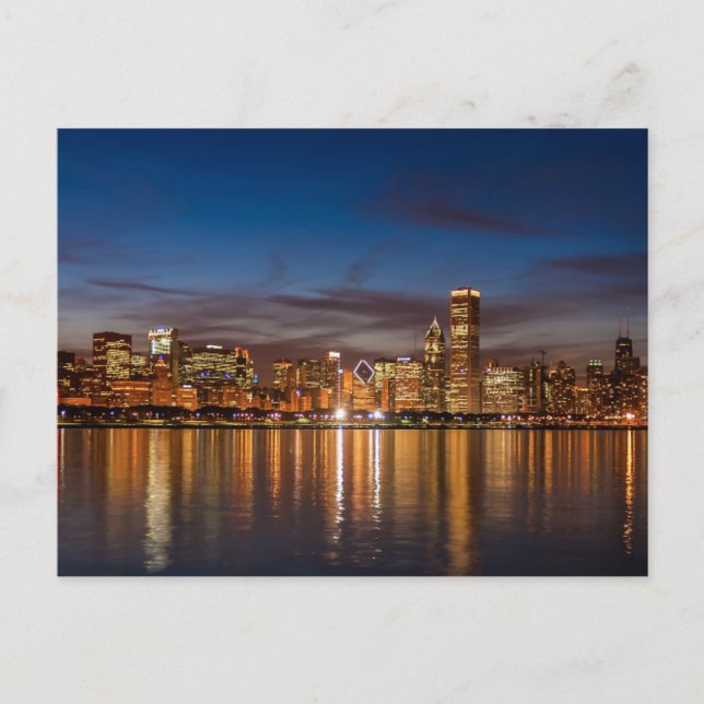 Chicago Skyline bei Nacht Postkarte (Vorderseite)
