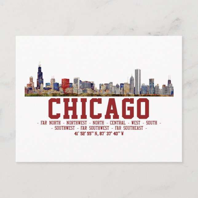 Chicago Skyline. Bereichsnamen und Koordinaten Postkarte (Vorderseite)