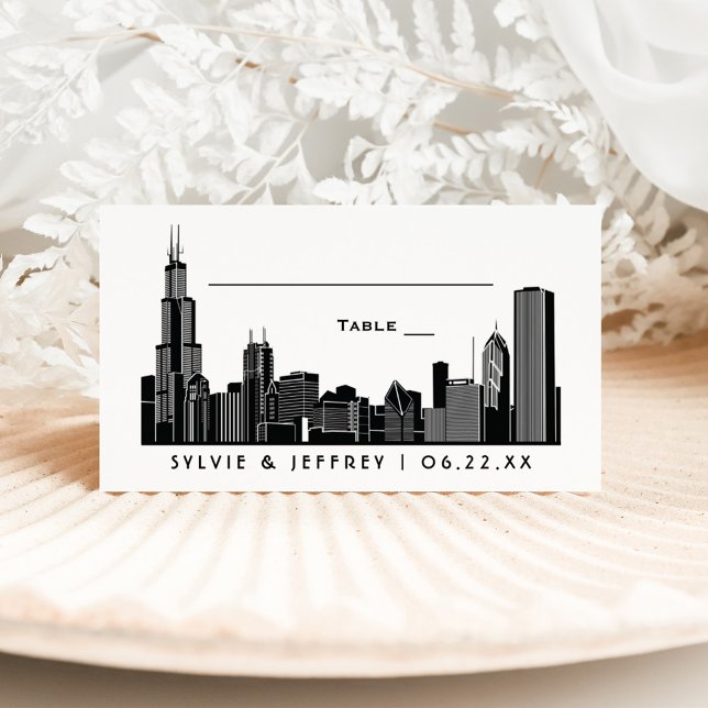 Chicago Skyline Black Art Deco Wedding Monogram Platzkarte (Von Creator hochgeladen)