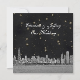 Chicago Skyline Black Gold Star SQ Wedding Einladung