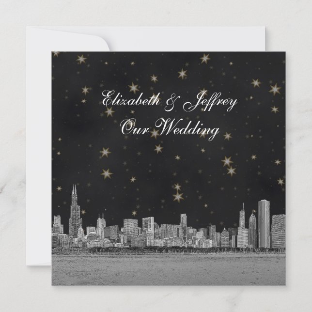 Chicago Skyline Black Gold Star SQ Wedding Einladung (Vorderseite)