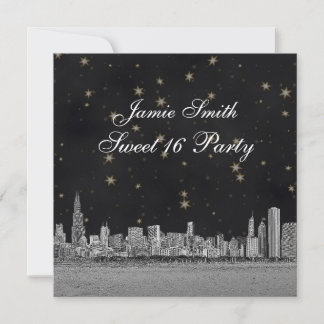 Chicago Skyline Black Gold Star Sweet 16 Einladung