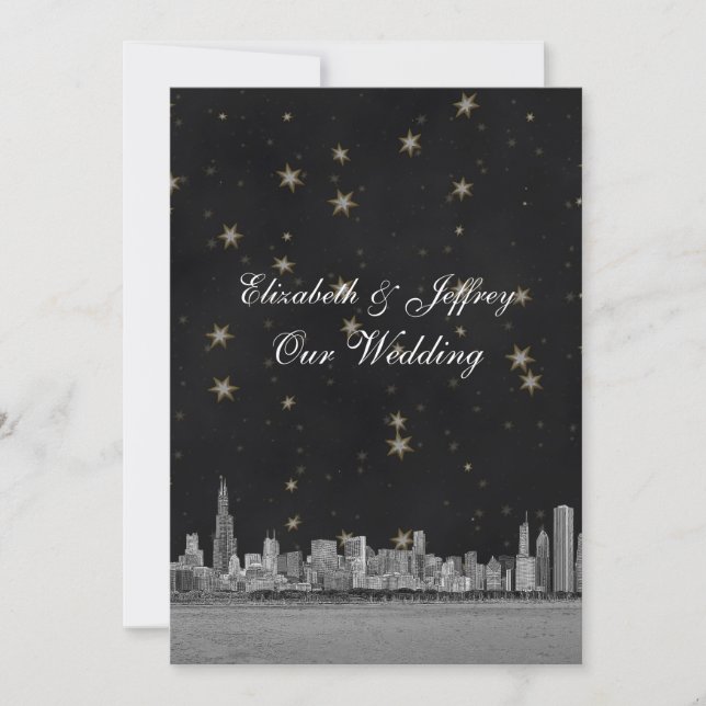 Chicago Skyline Black Gold Star V Wedding Einladung (Vorderseite)