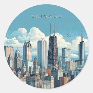 Chicago-Skyline Blau Modern Runder Aufkleber