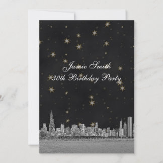 Chicago Skyline Blk Gold Star Geburtstagsparty V Einladung